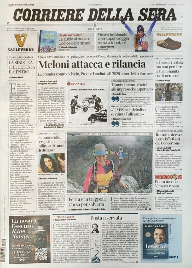 Prima pagina Corriere della Sera lunedì 16 dicembre 2024