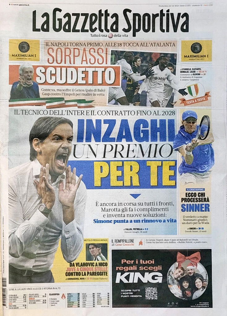 Prima pagina Gazzetta dello Sport 22 dicembre 2024